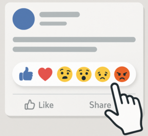 Cursor selecting the angry emoji from reaction icons beneath a social media post, representing emotional engagement.
